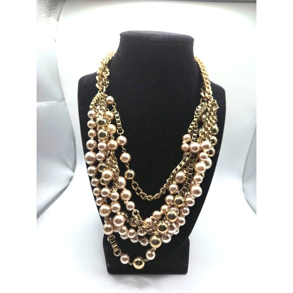 Stella & Dot Chunky Multi-Strand Gold Tone Chain and Pearl Statement Necklace - Picture 2 of 7